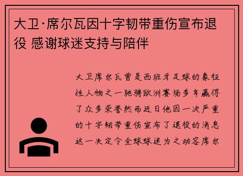 大卫·席尔瓦因十字韧带重伤宣布退役 感谢球迷支持与陪伴 大卫·席尔瓦因十字韧带重伤宣布退役 感谢球迷支持与陪伴