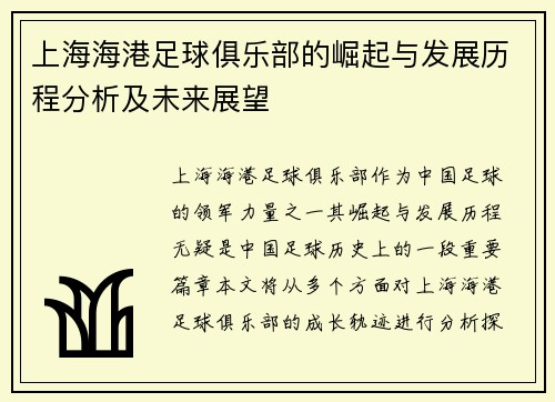 上海海港足球俱乐部的崛起与发展历程分析及未来展望 上海海港足球俱乐部的崛起与发展历程分析及未来展望