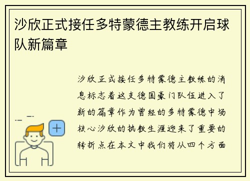 沙欣正式接任多特蒙德主教练开启球队新篇章
